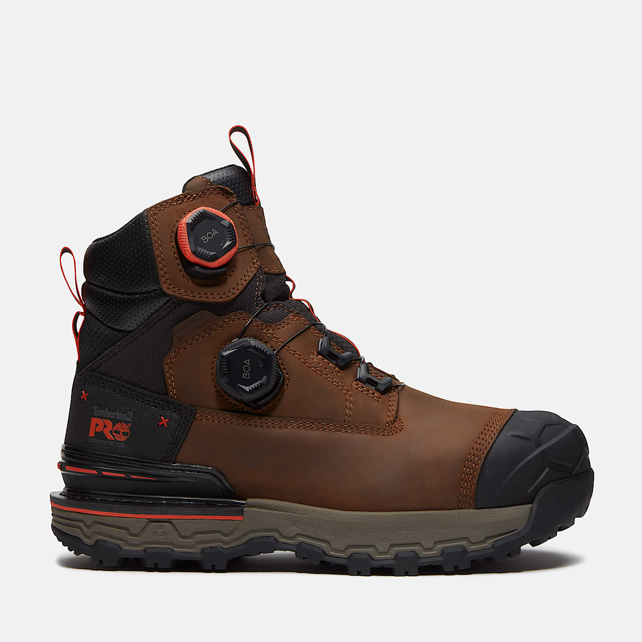 Mens Timberland PRO Boondock Ultralight 6 CompositeToe Work Boot with BOA Fit System TBL Brown FullGrainOrange HERO
