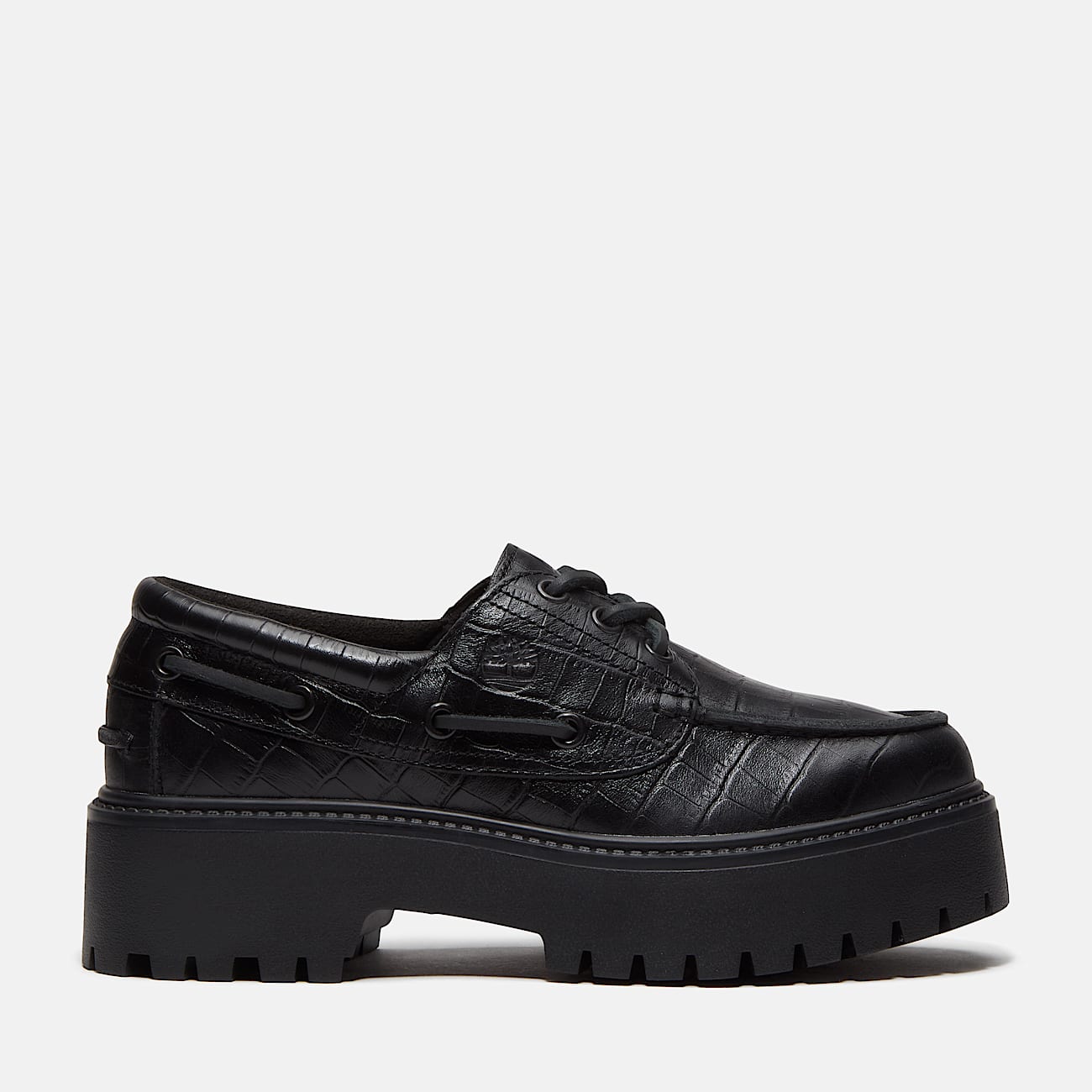 Womens Stone Street Platform Boat Shoe TBL Black FullGrain Croc HERO