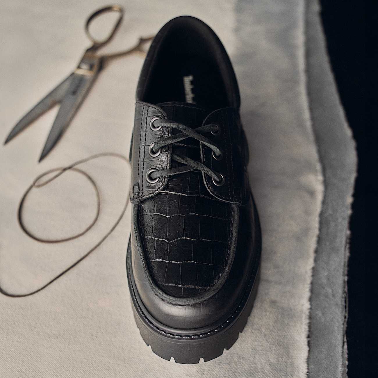 Womens Stone Street Platform Boat Shoe TBL Black FullGrain Croc ALTB
