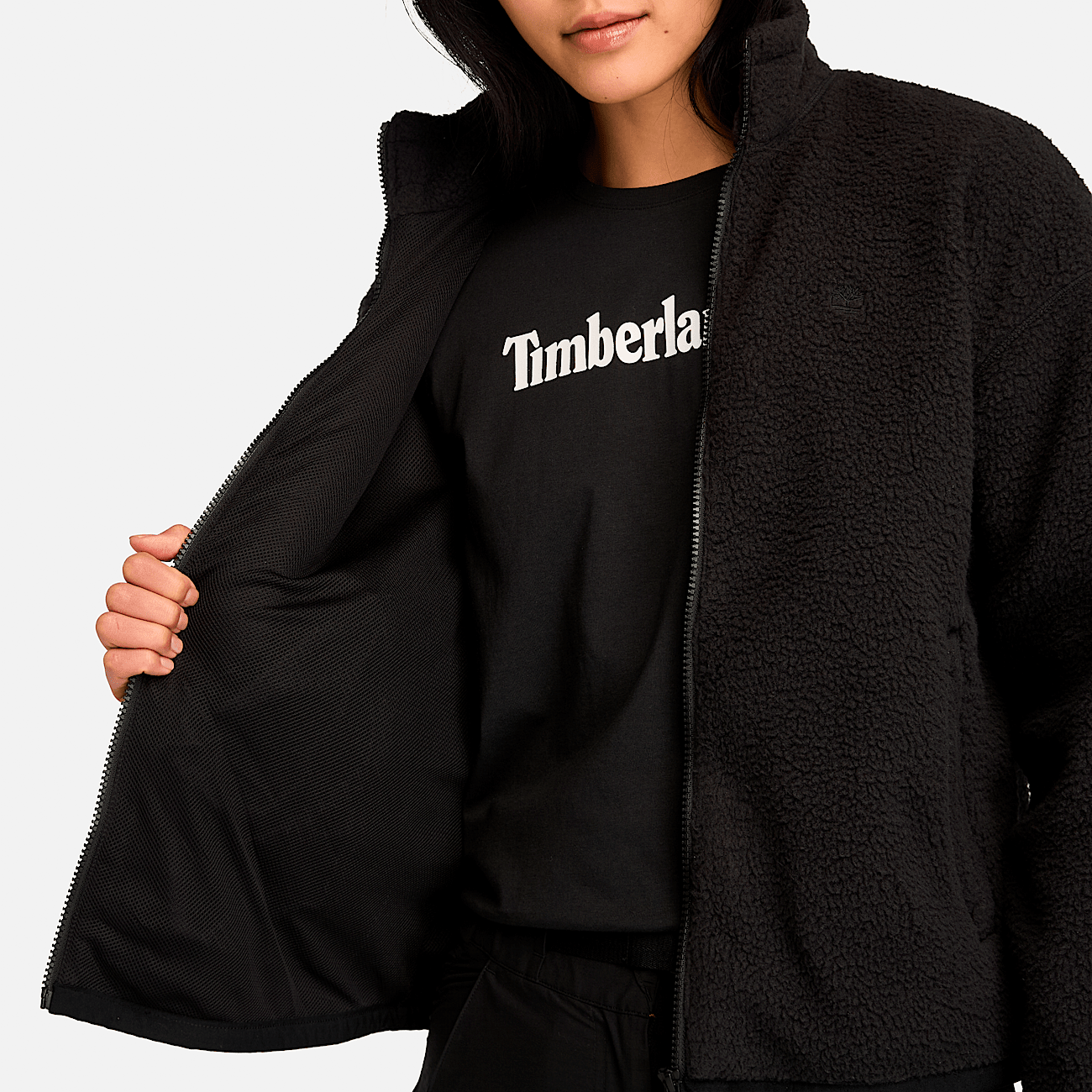Timberland Women s Chunky Full Zip High Pile Fleece Jacket in Black