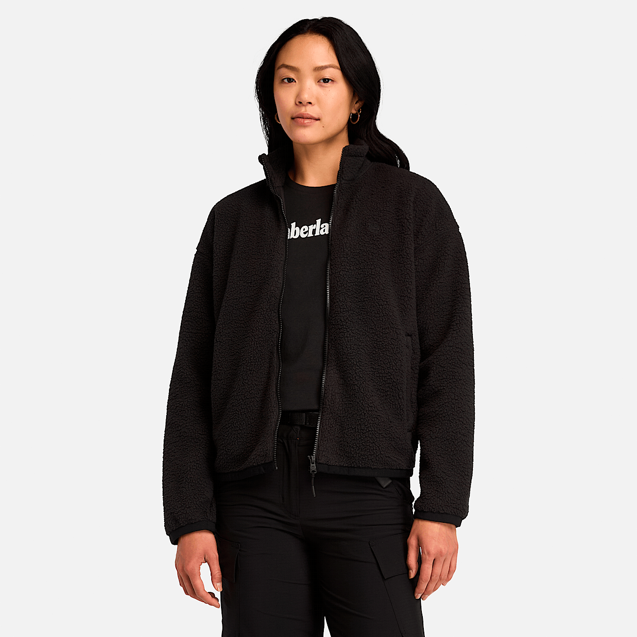 Timberland Women s Chunky Full Zip High Pile Fleece Jacket in Black