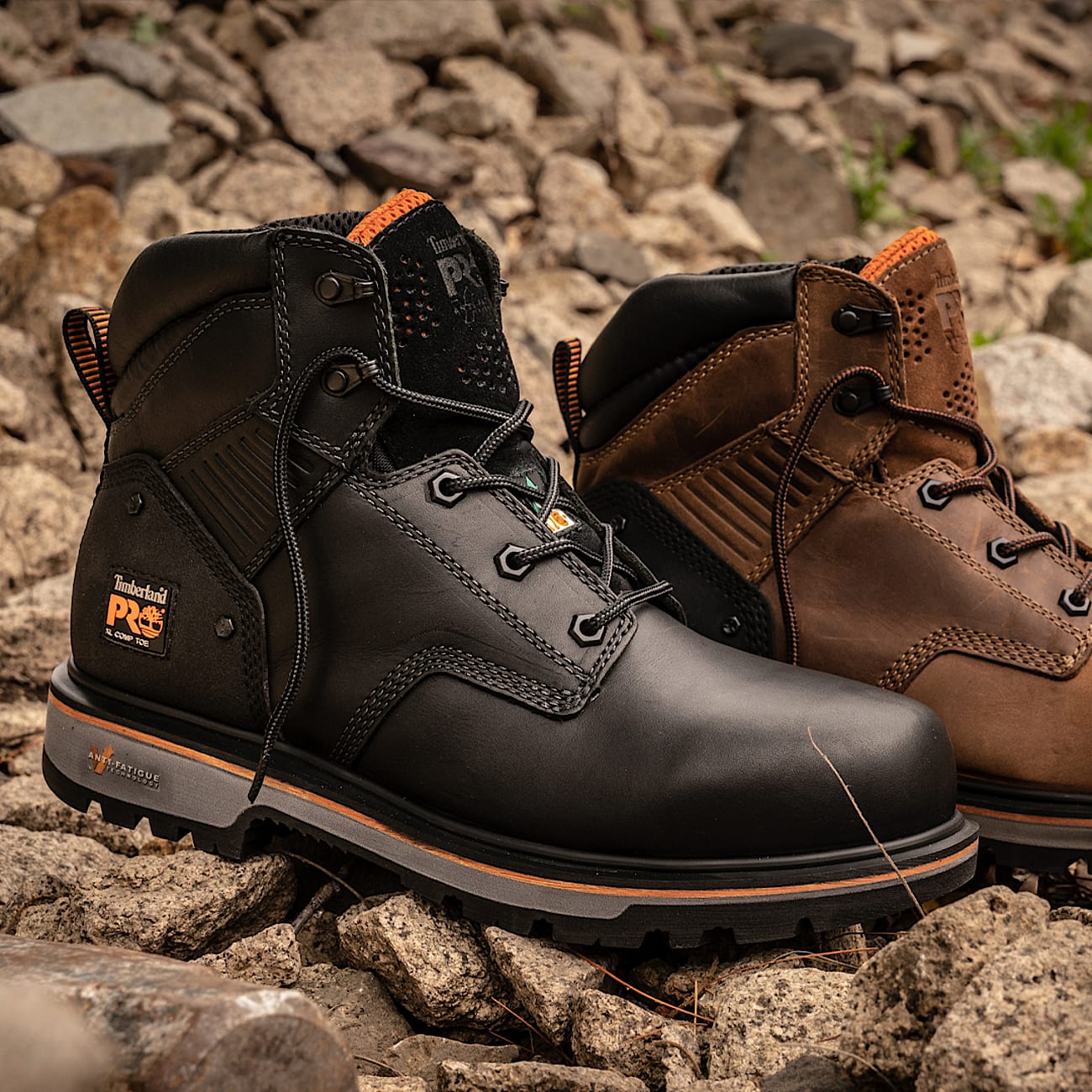 Black timberland construction boots top